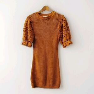 Bennettex Womens Small Boho Crochet Knit Puff Sleeve Cottagecore Farmhouse Dress